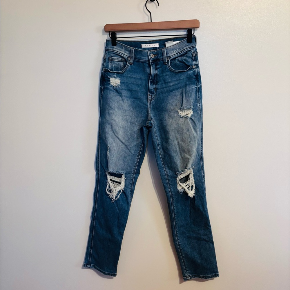 Eunina rocky high rise boyfriend blue jeans with distressing details